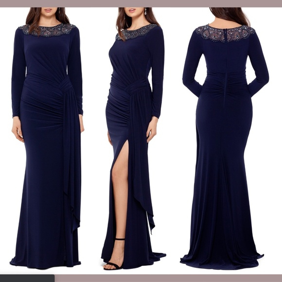 NWD XSCAPE Beaded Neck Long Sleeve Ruched Gown 2 - Picture 1 of 12